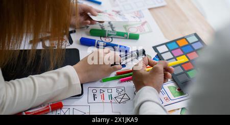 team of UI UX web designer are working together to develop mobile responsive websites with UI UX front end designer previews Stock Photo