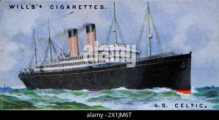 S.S. Celtic, of White Star Lines, which operated passenger services from Liverpool to Queenstown and New York. One of a set of fifty cigarette cards produced in 1924 under the title Merchant Ships of the World. Produced by W.D. and H.O. Wills of Bristol and London, a part of Imperial Tobacco Company of Great Britain and Ireland Limited. Stock Photo