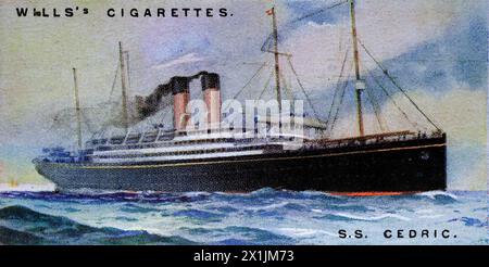 S.S. Cedric, of White Star Lines, which operated passenger services from Liverpool to Queenstown and New York. One of a set of fifty cigarette cards produced in 1924 under the title Merchant Ships of the World. Produced by W.D. and H.O. Wills of Bristol and London, a part of Imperial Tobacco Company of Great Britain and Ireland Limited. Stock Photo