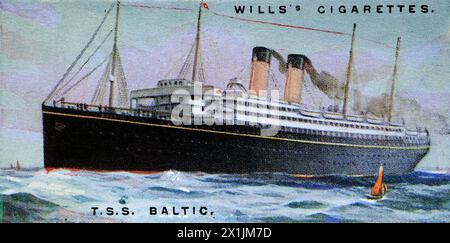 T.S.S. Baltic, a twin-screw steamer of White Star Lines, which operated passenger services from Liverpool to Queenstown and New York. One of a set of fifty cigarette cards produced in 1924 under the title Merchant Ships of the World. Produced by W.D. and H.O. Wills of Bristol and London, a part of Imperial Tobacco Company of Great Britain and Ireland Limited. Stock Photo