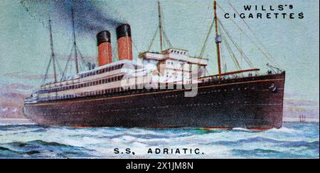 S.S. Adriatic, of White Star Lines, which operated passenger service from Liverpool to Queenstown and New York. One of a set of fifty cigarette cards produced in 1924 under the title Merchant Ships of the World. Produced by W.D. and H.O. Wills of Bristol and London, a part of Imperial Tobacco Company of Great Britain and Ireland Limited. Stock Photo