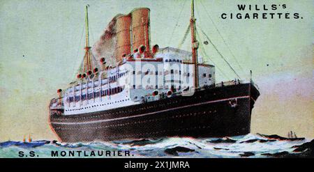 S.S. Montlaurier of the Canadian Pacific fleet, operating summer passenger services from Liverpool to Quebec and in the winter from Liverpool to St. John, New Brunswick. One of a set of fifty cigarette cards produced in 1924 under the title Merchant Ships of the World. Produced by W.D. and H.O. Wills of Bristol and London, a part of Imperial Tobacco Company of Great Britain and Ireland Limited. Stock Photo