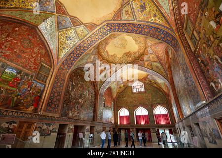 Interior view of the 17th century Chehel Sotoun Palace with its ornate vaulted ceiling. Isfahan, Iran. Stock Photo