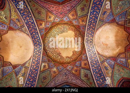 View from below of the ornate vaulted ceiling in the 17th century Chehel Sotoun Palace in Isfahan, Iran. Stock Photo