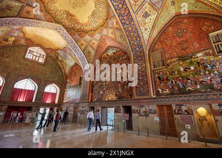 Interior view of the 17th century Chehel Sotoun Palace with its colorful wall frescoes. Isfahan, Iran. Stock Photo