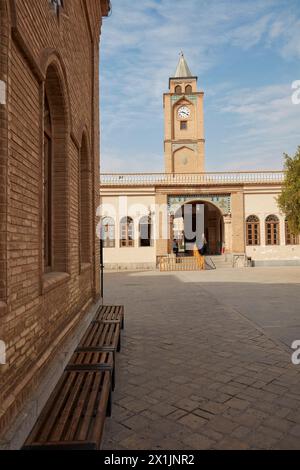 Courtyard view of the clock tower and entrance gate to the Holy Savior Cathedral (Vank Cathedral) in the New Julfa, Armenian quarter of Isfahan, Iran. Stock Photo