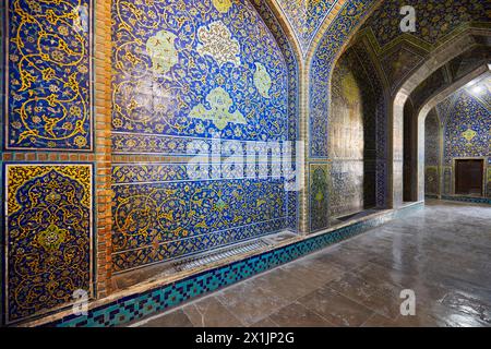 Interior view of the Shah Mosque (Masjed-e Shah) showing its highly elaborate tilework. Isfahan, Iran. Stock Photo