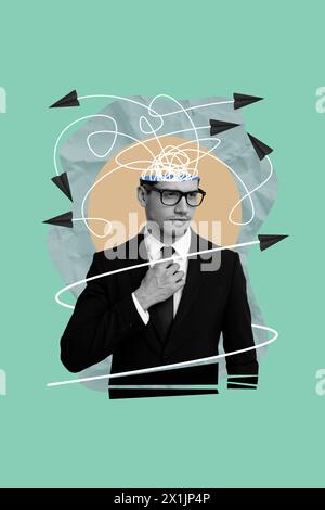 Vertical photo collage of serious man head scribble arrow brainstorm dilemma thought strategy businessman isolated on painted background Stock Photo