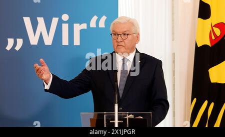 17 April 2024, Berlín;: At an event at his official residence, Bellevue Palace in Berlin, the President of Germany today presented his soon-to-be-released essay 'Wir' (We). Photo: Carsten Koall/dpa Stock Photo