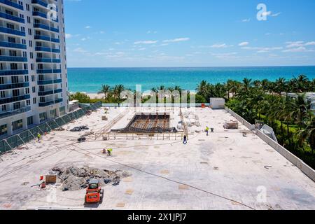 Miami Beach, FL, USA - April 15, 2024:  Aerial photo of pool deck construction at Roney Palace Hotel Miami Beach Florida Stock Photo