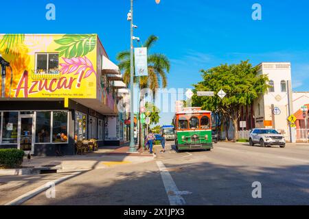 Miami, FL, USA - April 12, 2024: Street view of Calle Ocho Miami 8th Street facing west on 14th Ave Stock Photo