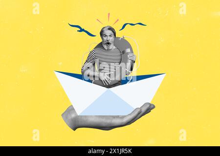 Composite photo collage of hand paper boat scared old man sailor hold lifebuoy safety risk trip vacation isolated on painted background Stock Photo