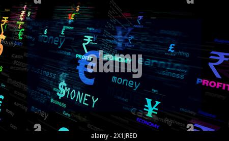 Currency dollar euro yen poud yuan symbol technology concept. Abstract sign on glitch screens 3d illustration. Stock Photo