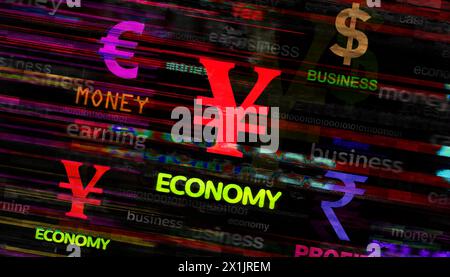 Currency dollar euro yen poud yuan symbol technology concept. Abstract sign on glitch screens 3d illustration. Stock Photo