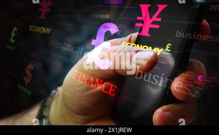 Currency dollar euro yen poud yuan symbol technology concept. Abstract sign on glitch screens in hand 3d illustration. Stock Photo