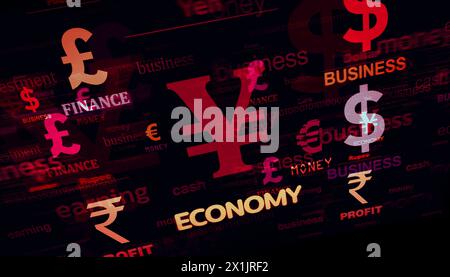 Currency dollar euro yen poud yuan symbol technology concept. Abstract sign on glitch screens 3d illustration. Stock Photo