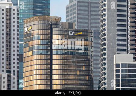 EY consultancy office building 200 George street Sydney with EY branding and business logo on the facade, Sydney Australia Stock Photo