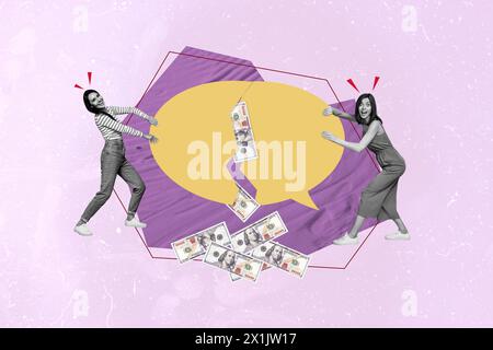 Composite sketch photo collage of two young lady hold friends talk together pull hold in hands text box talk cloud chat get money dollar Stock Photo