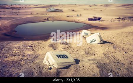 Unclean water cans in toxic and danger desert. Climate change on earth and lack of drinking water. Stock Photo