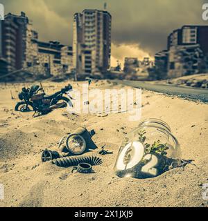Bizarre jar with plant in deserted polluted city. Destroyed and polluted city. Stock Photo