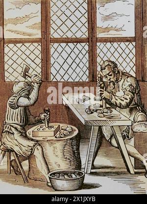 Thimble maker. Reproduction of a 16th-century engraving by Jost Amman. Later colouration. 'Moeurs, usages et costumes au moyen-âge et à l'époque de la Renaissance', by Paul Lacroix. Paris, 1878. Stock Photo