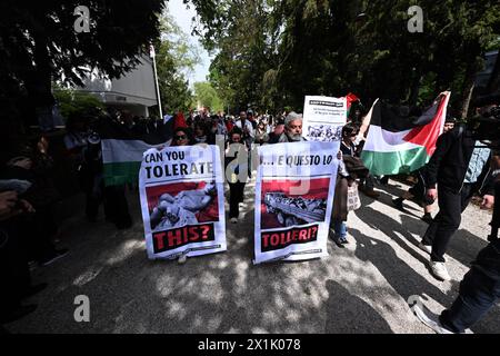 Venedig, Italy. 17th Apr, 2024. Demonstrators with Palestinian flags protest at the pre-opening in the Giardini on the grounds of the Art Biennale in Venice. The Biennale Arte opens on 20.04.2024 and runs until 24.11.2024. Credit: Felix Hörhager/dpa/Alamy Live News Stock Photo