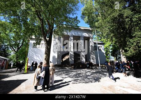 Venedig, Italy. 17th Apr, 2024. The German Pavilion can be seen at the Pre-Opening in the Giardini on the grounds of the Venice Art Biennale. The Biennale Arte opens on 20.04.2024 and runs until 24.11.2024. Credit: Felix Hörhager/dpa/Alamy Live News Stock Photo