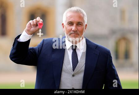 Paul Hollywood after being made a Member of the Order of the British Empire (MBE) at an investiture ceremony at Windsor Castle, Berkshire. Picture date: Wednesday April 17, 2024. Stock Photo