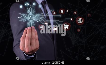 mastering artificial intelligence in a world of investment and business: The entrepreneur who unveils the icons of artificial intelligence. Stock Photo