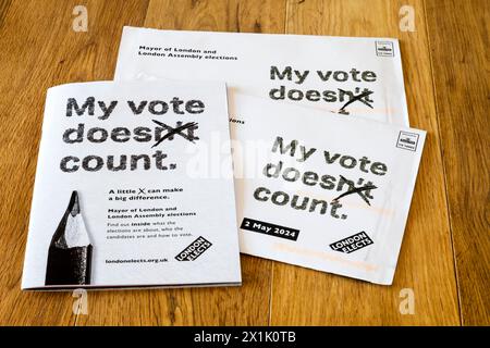 A leaflet sent to all voters about the Mayor of London and London Assembly elections to be held on 2 May 2024. Stock Photo