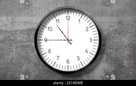 Time at quarter to 11 o clock - classic analog clock on rough concrete wall - 3D illustration Stock Photo