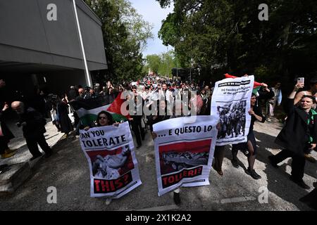 Venedig, Italy. 17th Apr, 2024. Demonstrators with Palestinian flags protest at the pre-opening in the Giardini on the grounds of the Venice Art Biennale. The Biennale Arte opens on 20.04.2024 and runs until 24.11.2024. Credit: Felix Hörhager/dpa/Alamy Live News Stock Photo