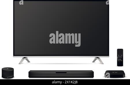 Modern oled tv with sound bar, tv set-top box and smart speaker. Vector ...