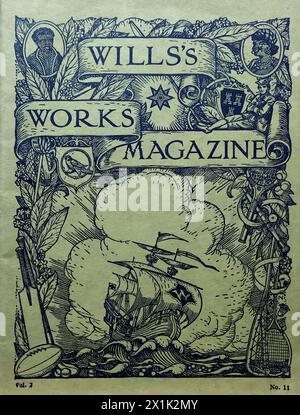 Front cover of the Wills’s Works Magazine, Volume 2 Number 11, published in November 1924 and showing a sailing ship in a decorative frame including tobacco leaves, sports equipment and natives.  Based in Bristol, England, W. D. and H. O. Wills was one of the largest British tobacco products manufacturers. By 1924 they were a part of the Imperial Tobacco Group of Great Britain and Ireland but still had a certain amount of autonomy. The company was also a prolific publisher of cigarette cards. Stock Photo