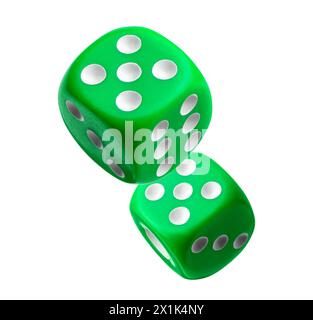 Two green dice in air on white background Stock Photo