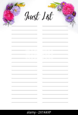 Guest list design with beautiful flowers and empty lines Stock Photo