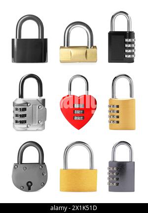 Different padlocks isolated on white, set of photos Stock Photo