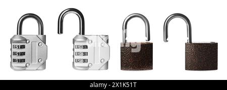 Different padlocks isolated on white, set of photos Stock Photo