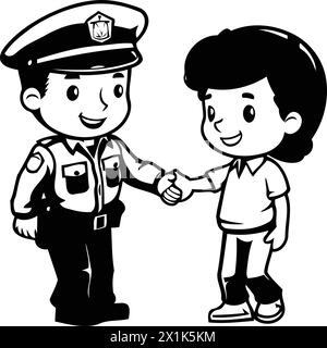 Vector illustration of a boy and girl in police uniform shaking hands. Stock Vector