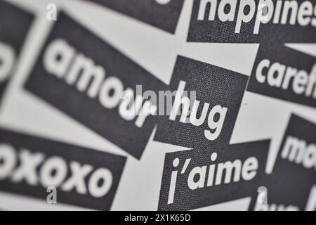 Macro Love Words Collage with Focus on Hug Label Stock Photo