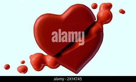 3d rendering of a red heart with a ragged tear or cut in the middle. Blood is dripping out of the wound Stock Photo