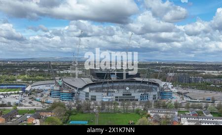 Manchester, UK. 17th Apr, 2024. An aerial view of the Etihad Stadium ahead of the UEFA Champions League Quarter Final Manchester City vs Real Madrid at Etihad Stadium, Manchester, United Kingdom, 17th April 2024 (Photo by Mark Cosgrove/News Images) in Manchester, United Kingdom on 4/17/2024. (Photo by Mark Cosgrove/News Images/Sipa USA) Credit: Sipa USA/Alamy Live News Stock Photo