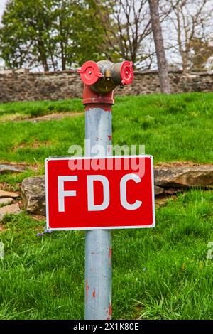 Red Fire Department Connection and Standpipe in Park Setting Stock Photo