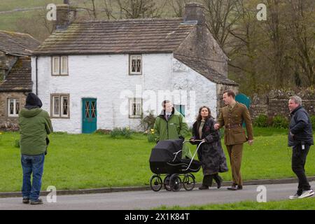 Arcliffe, North Yorkshire. 17th April 2024. Actor Callum Woodhouse is spotted back on the set of All Creatures Great and Small. He was absent during series 4 but has been seen filming on location in the Yorkshire Dales alongside co-stars Nicholas Ralph (James Herriot) and Rachel Shenton (Helen Herriot). He is now sporting a moustache and military uniform. © Tom Holmes Photography / Alamy Live News. Stock Photo