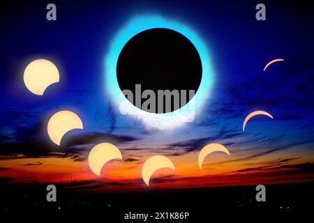 Solar Eclipse Sequence with Corona Effect over Spiceland Sky Stock Photo
