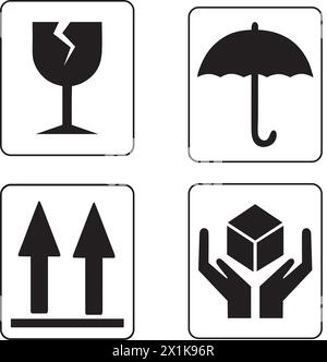 Packaging icon set of fragile care signs and symbols on a white background Stock Vector