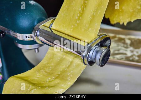 Homemade Pasta Making with Hand-Cranked Machine, Kitchen Close-Up Stock Photo