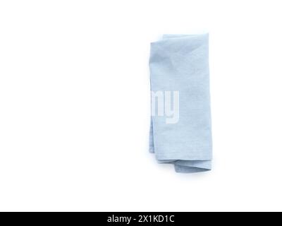 Top view blue linen kitchen napkin isolated on white background. Folded cloth for mockup Stock Photo