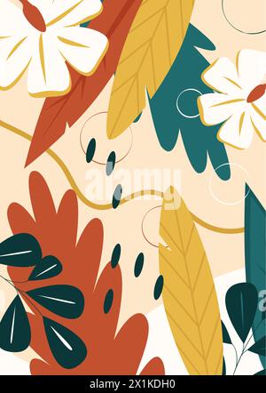Flowers and leaves in tropical pattern with strokes, circles, wavy lines vector illustration Stock Vector