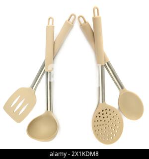 Kitchen spoon, ladle, spatula, skimmer isolated on white background. There is free space for text. Collage. Stock Photo